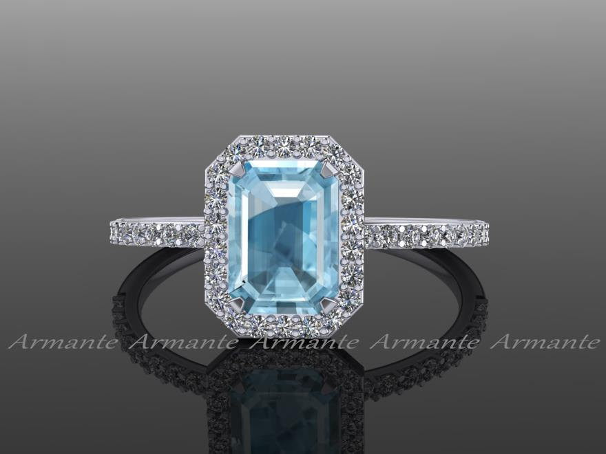 Halo Aquamarine and Diamond Engagement Ring