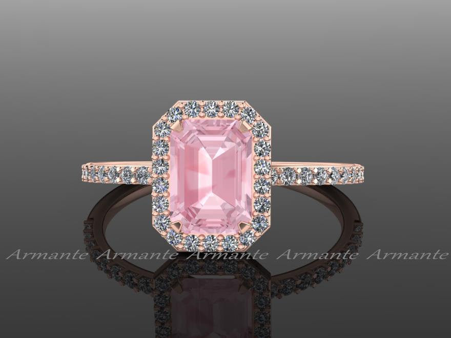 Diamonds & Emerald Cut Morganite Rose Gold Halo Ring