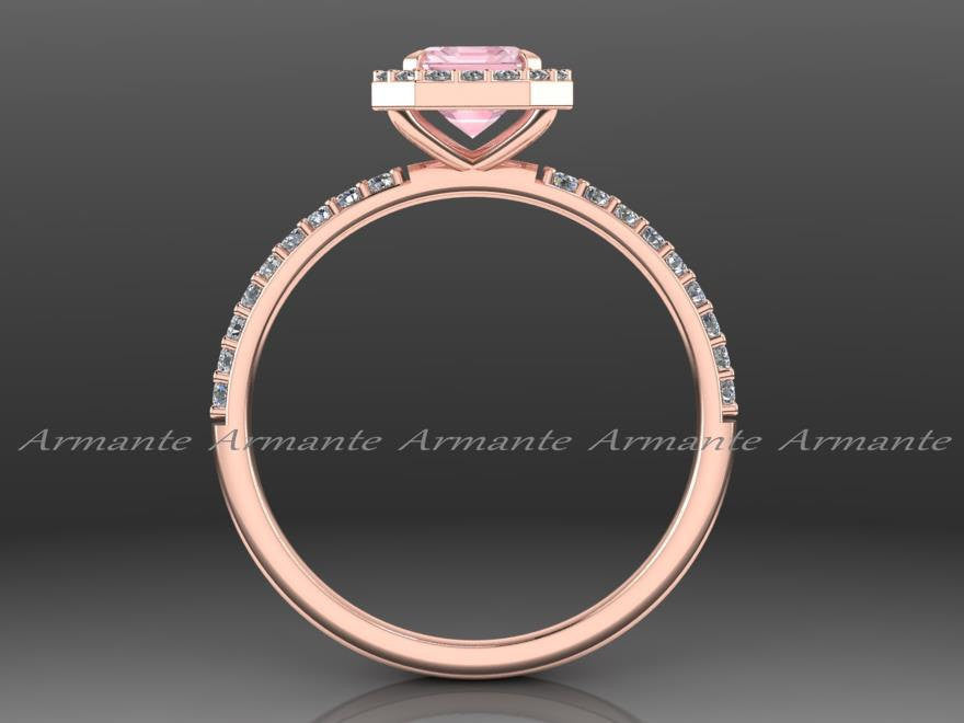 Diamonds & Emerald Cut Morganite Rose Gold Halo Ring