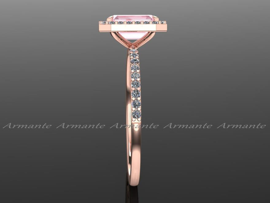 Diamonds & Emerald Cut Morganite Rose Gold Halo Ring