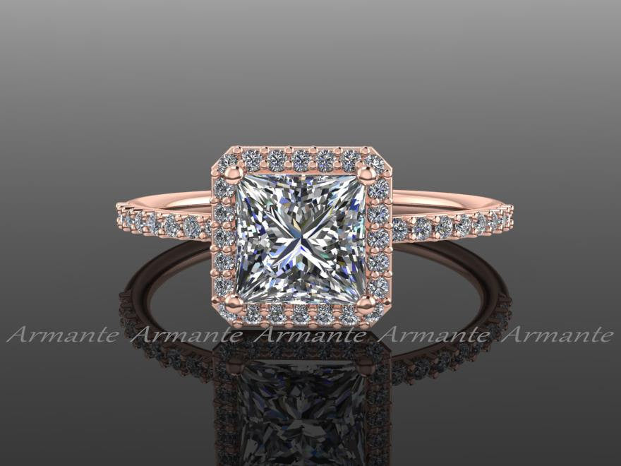 Diamond And Square Moissanite Rose Gold Halo Ring