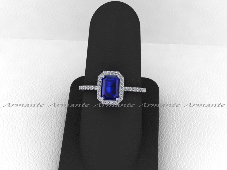 Blue Sapphire Emerald Cut Engagement Ring, Diamond Ring