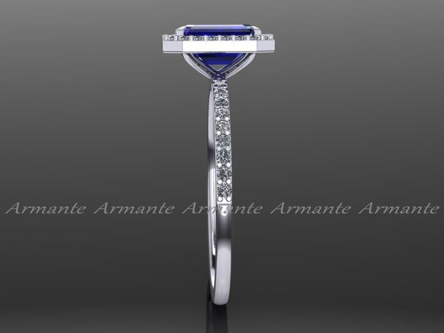 Blue Sapphire Emerald Cut Engagement Ring, Diamond Ring