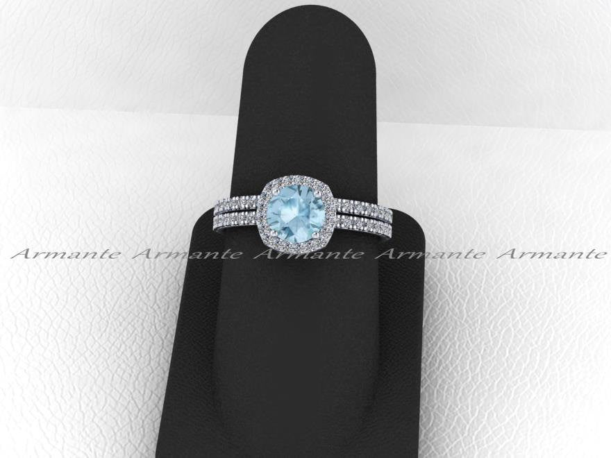 Aquamarine and White Sapphire Bridal Set, 14K White Gold
