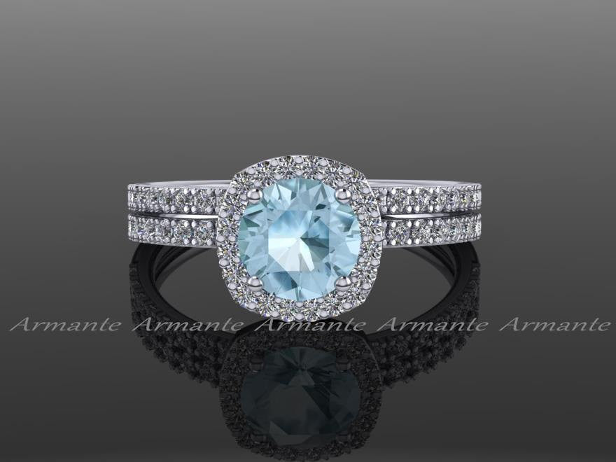 Aquamarine and White Sapphire Bridal Set, 14K White Gold