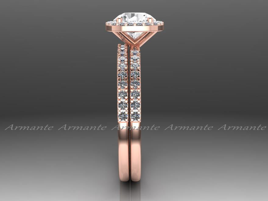 14K Rose Gold White Sapphire Wedding Ring Set