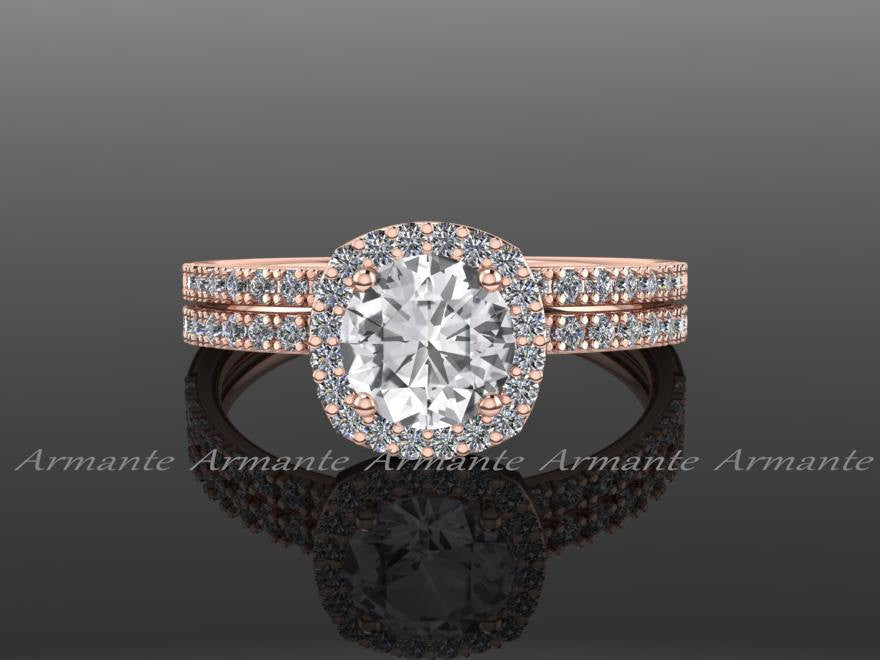 14K Rose Gold White Sapphire Wedding Ring Set
