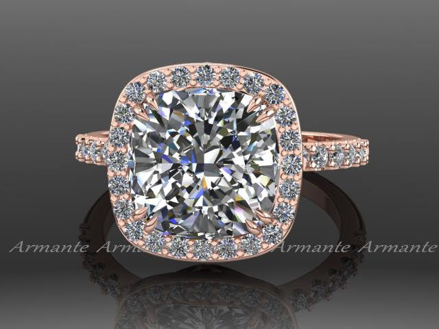 14K Rose Gold Diamond Wedding Ring Cushion Moissanite Ring