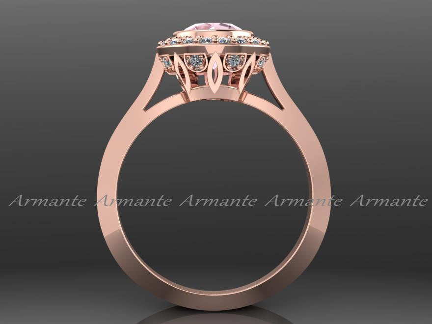 Halo Morganite Vintage Style Ring, 14K Rose Gold