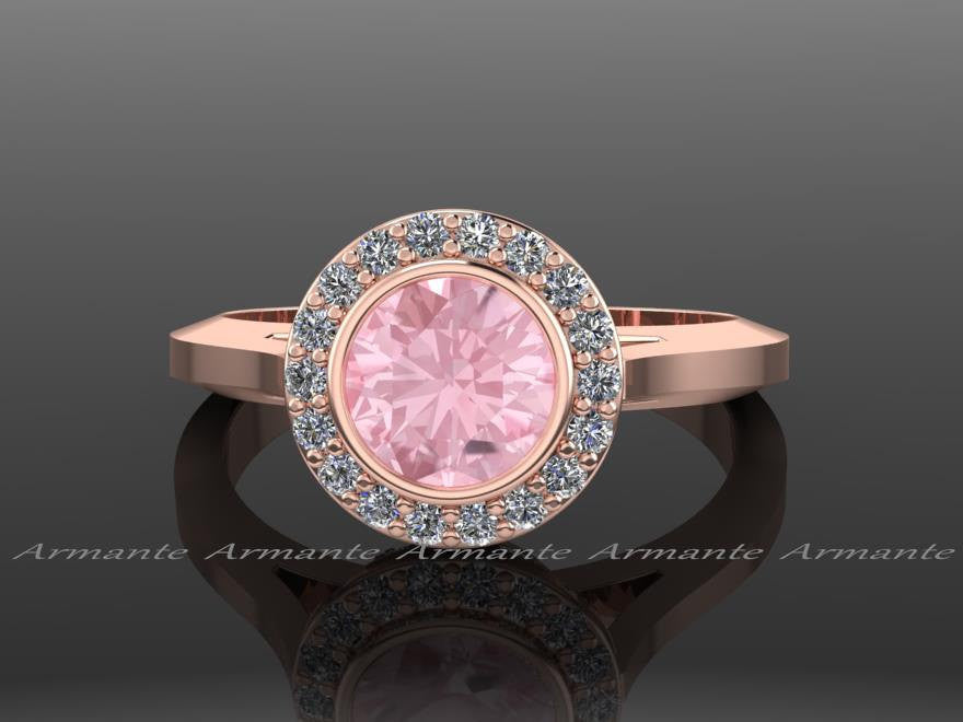 Halo Morganite Vintage Style Ring, 14K Rose Gold