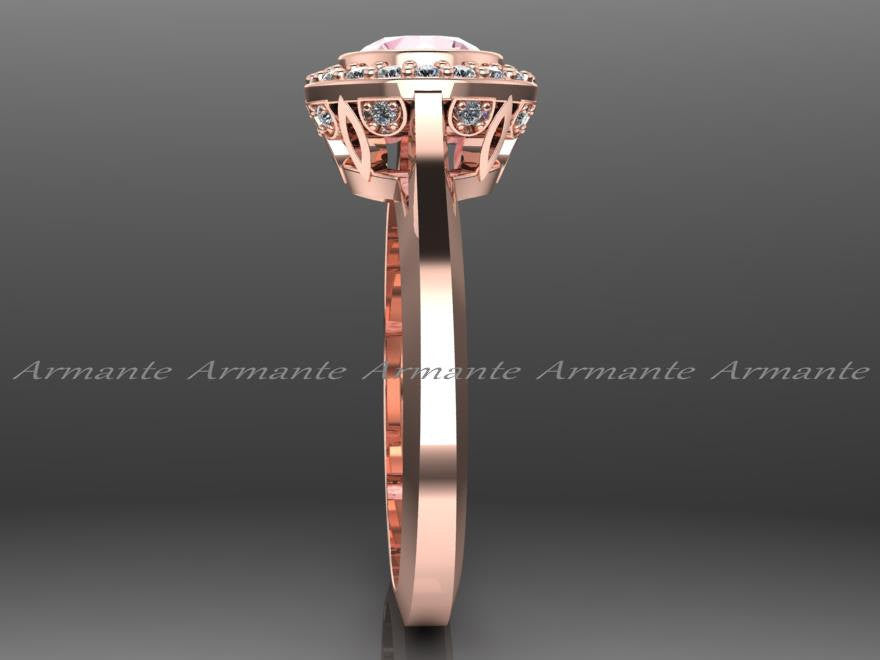 Halo Morganite Vintage Style Ring, 14K Rose Gold