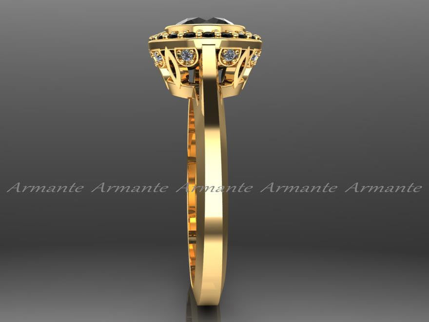 Gold Vintage Style Natural Black Diamond Engagement Ring