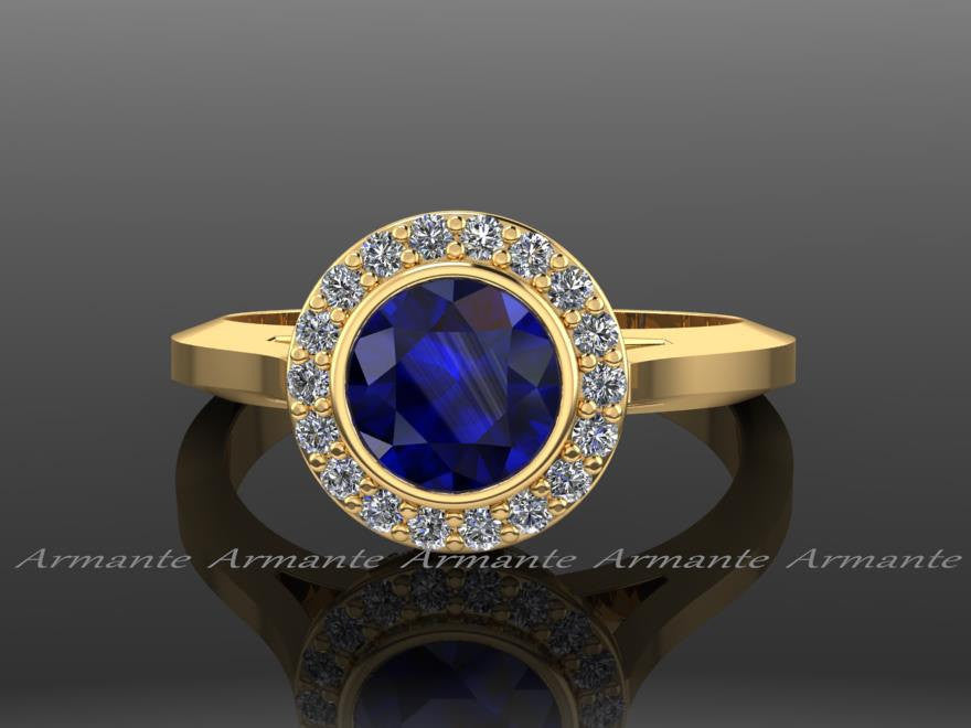 Vintage Style Yellow Gold Diamond and Blue Sapphire Ring