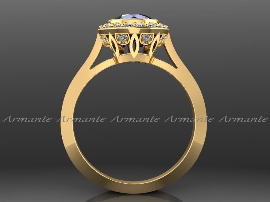 Vintage Style Yellow Gold Diamond and Blue Sapphire Ring