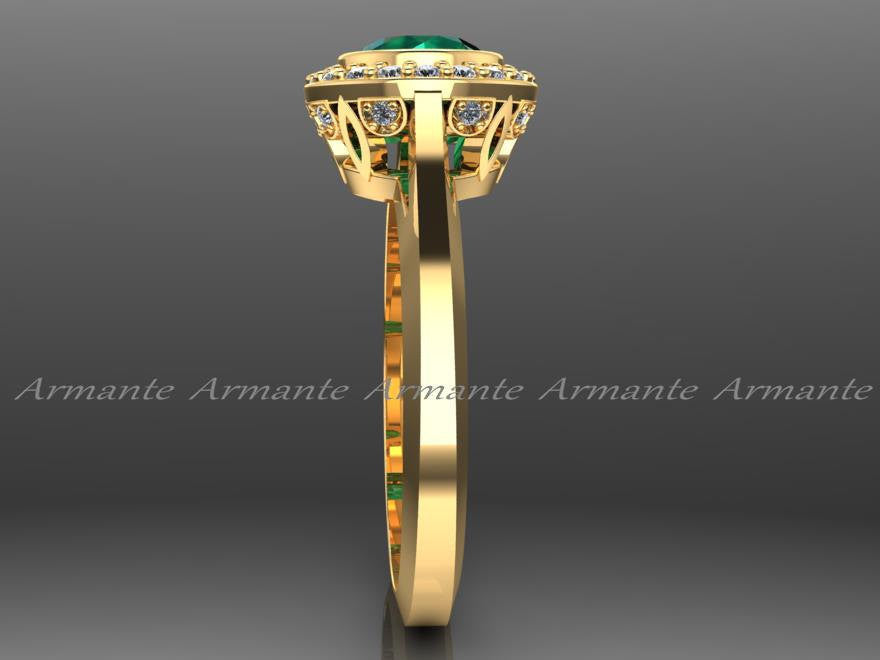 Yellow Gold Vintage Style Natural Emerald And Diamond Ring