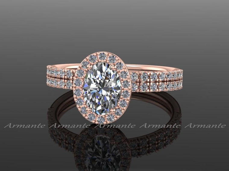 Oval Halo Bridal Ring Set Rose Gold Moissanite & Diamond