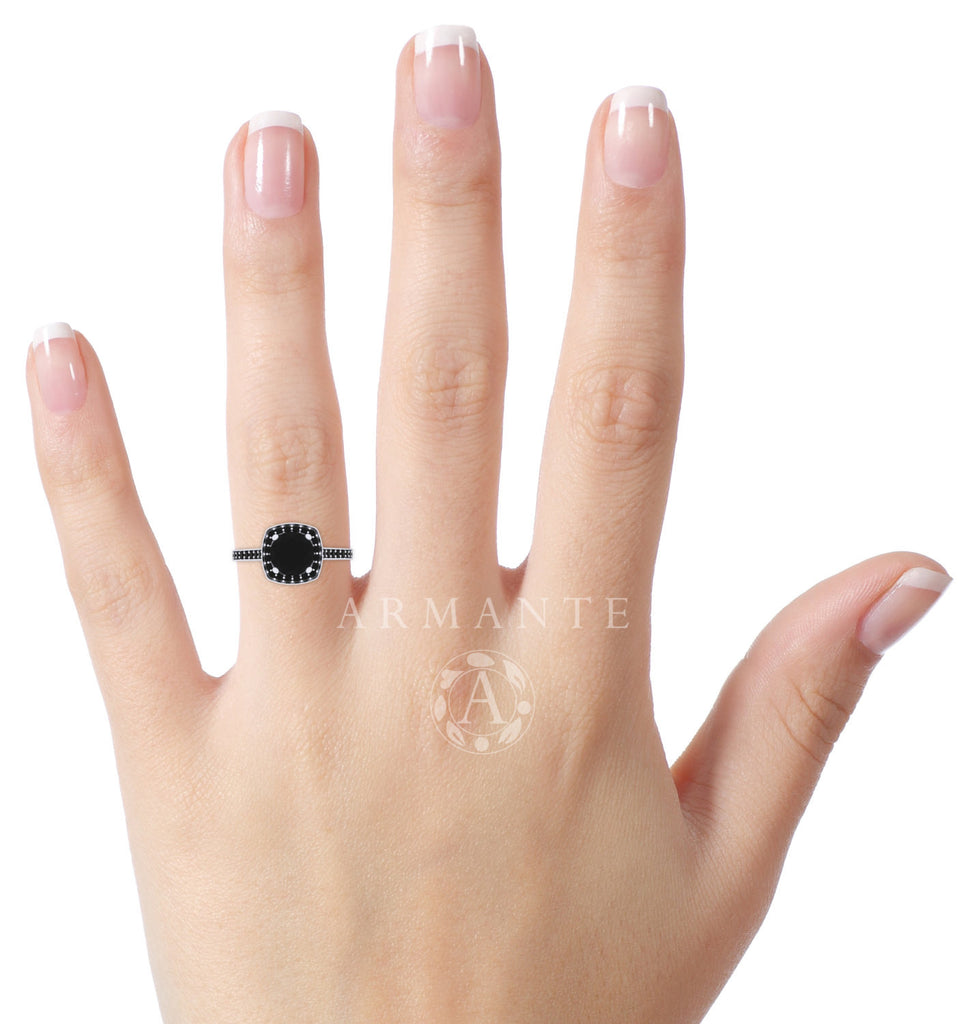 Halo Black Diamond Engagement Ring, 14K White Gold