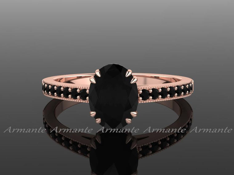 Oval Black Diamond Engagement Ring, 14K Rose Gold