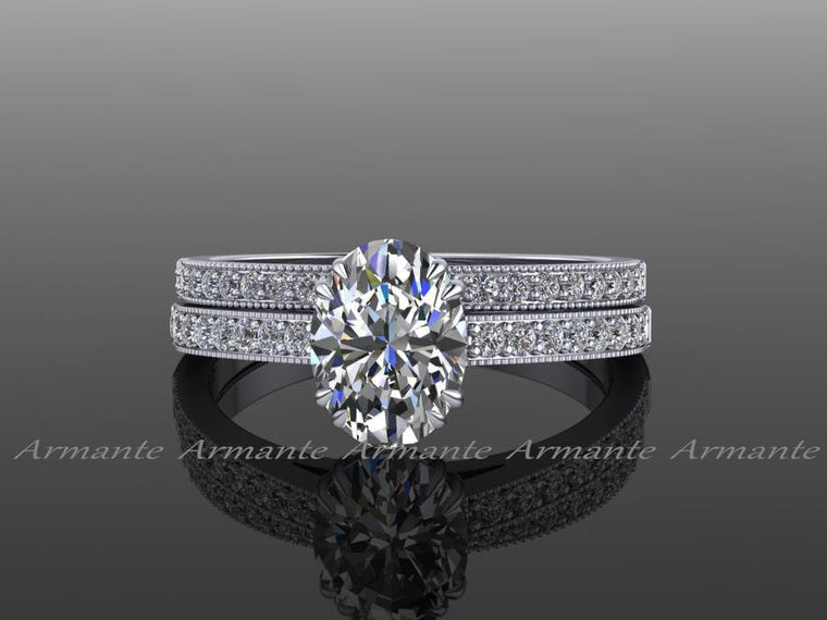 Vintage Style Oval Cut Moissanite & Diamond Wedding Ring Set