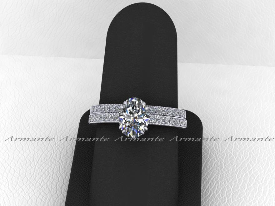 Vintage Style Oval Cut Moissanite & Diamond Wedding Ring Set