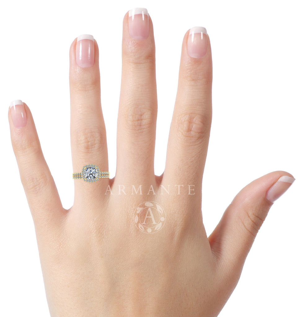 18K Yellow Gold Moissanite, Diamond Halo Engagement Ring Set