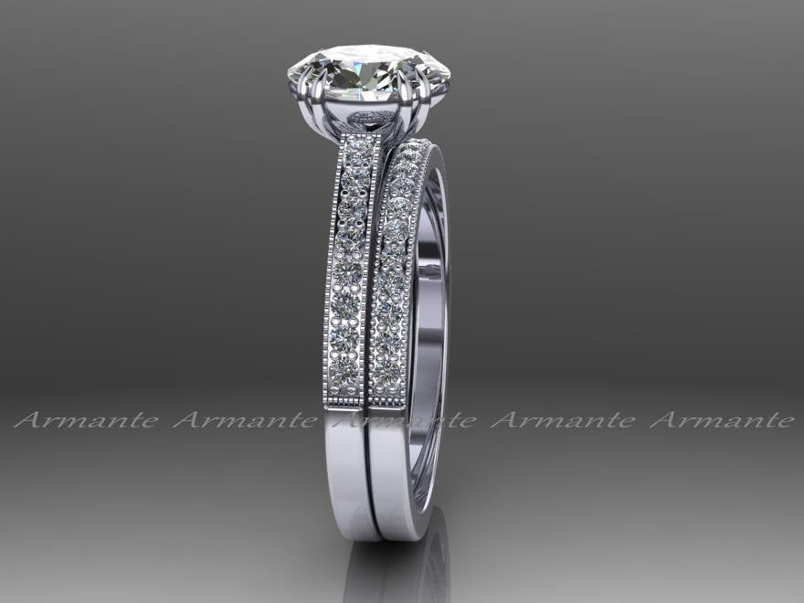 Vintage Style Oval Cut Moissanite & Diamond Wedding Ring Set