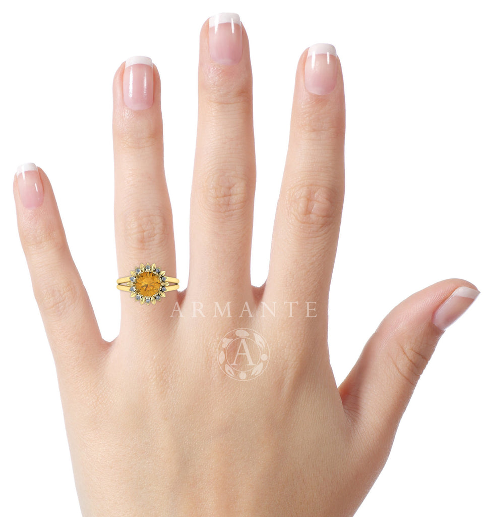 Citrine And Diamond Flower Ring, 14K Yellow Gold