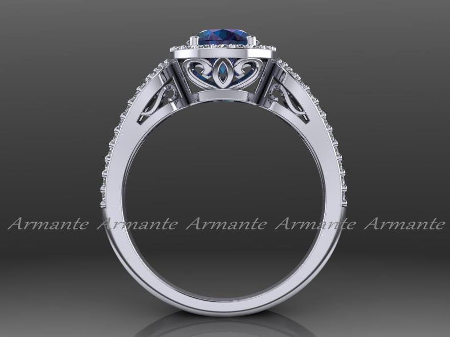 Alexandrite Engagement Ring, Diamond Halo Ring