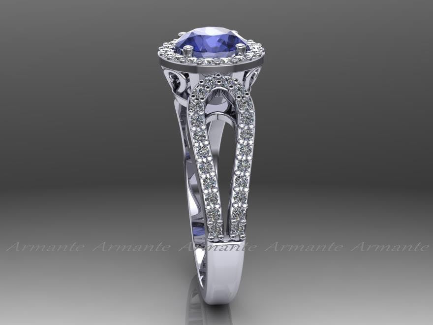 Tanzanite Engagement Ring, White Gold Diamond Filigree Wedding Ring