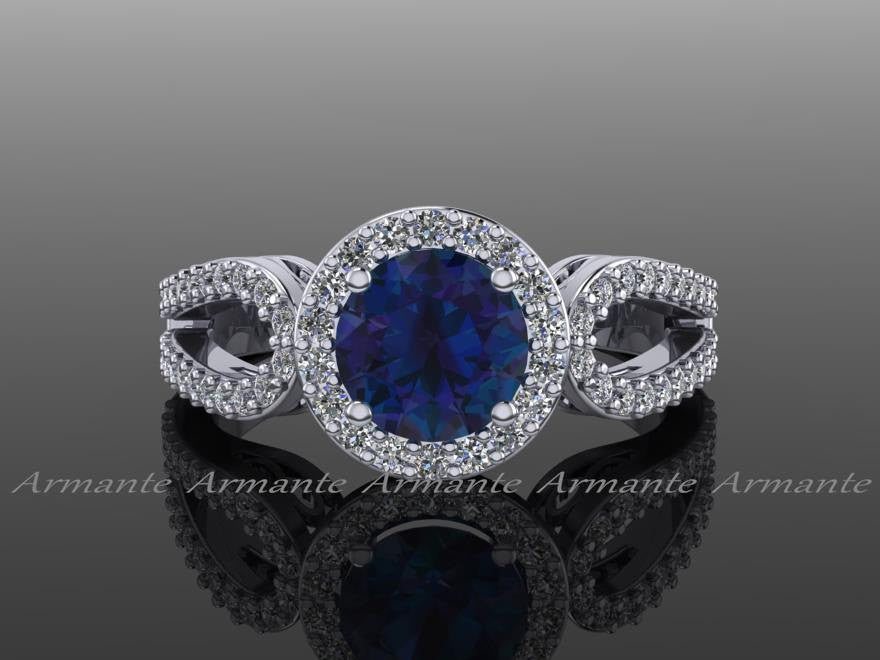 Alexandrite Engagement Ring, Diamond Halo Ring