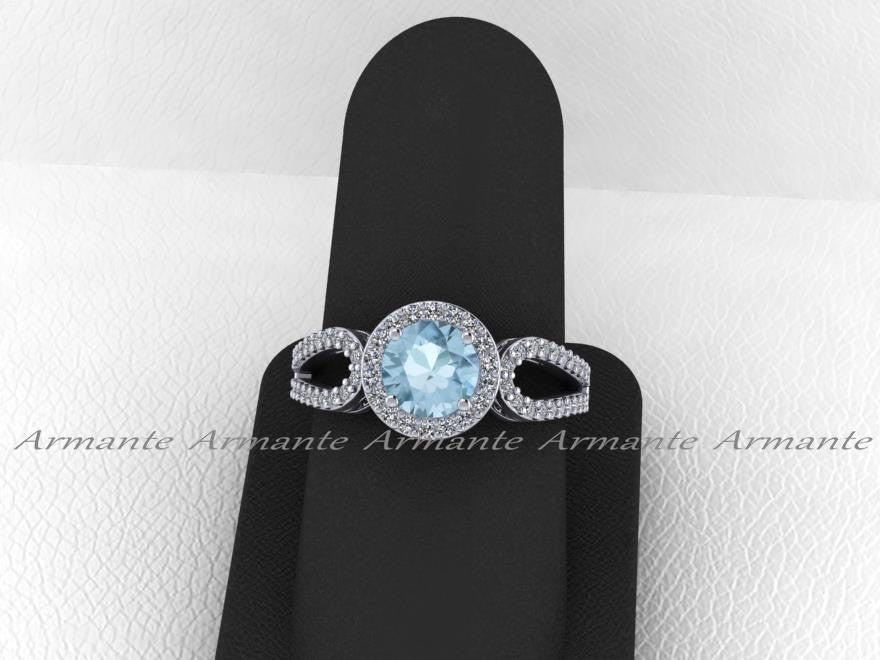 Aquamarine Engagement Ring, Halo Diamond Filigree Wedding Ring