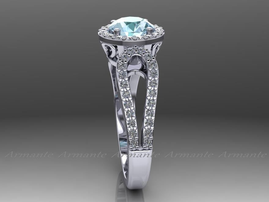 Aquamarine Engagement Ring, Halo Diamond Filigree Wedding Ring