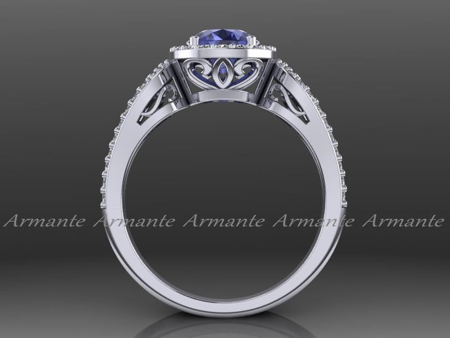 Tanzanite Engagement Ring, White Gold Diamond Filigree Wedding Ring