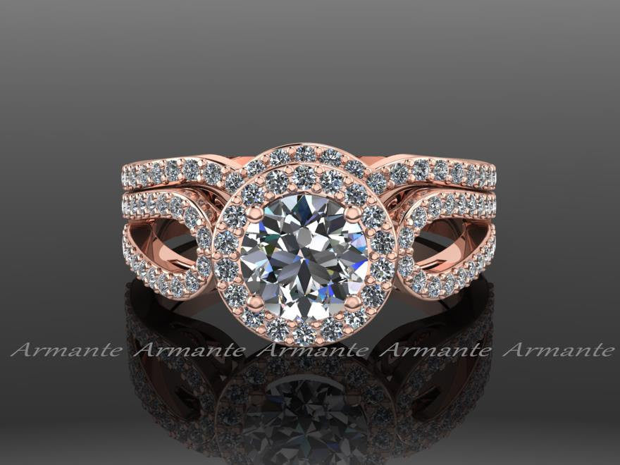 14K Rose Gold Wedding Ring Set, Bridal Rings Set