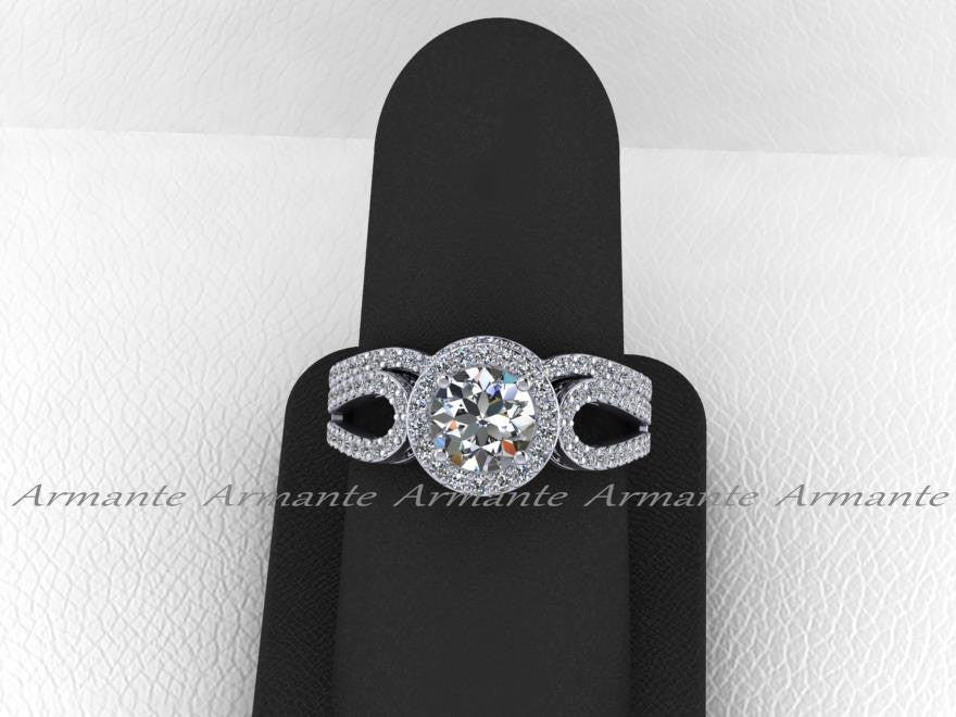 White Gold Halo Engagement Set, Filigree Ring Wedding Set