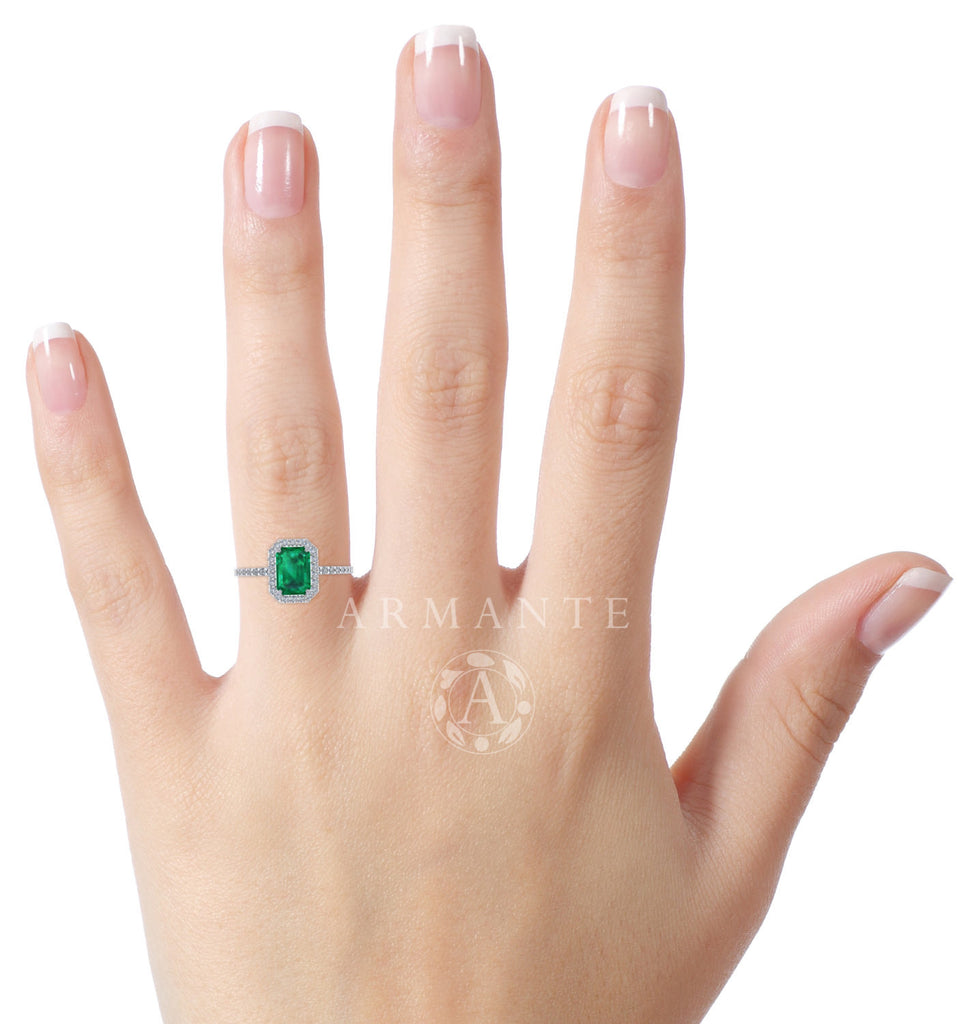 Lab Grown Emerald and Diamond Wedding Ring, 14K White Gold