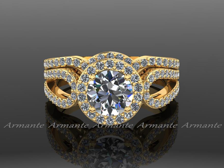 14K Yellow Gold Diamond And Moissanite Filigree Ring Wedding Set