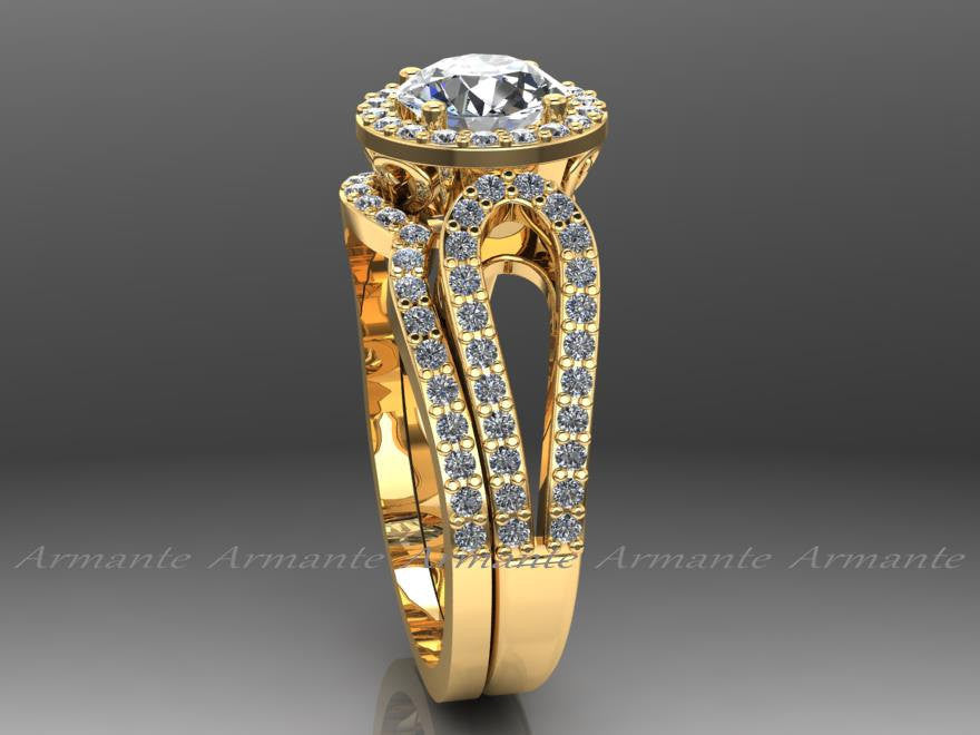 14K Yellow Gold Diamond And Moissanite Filigree Ring Wedding Set