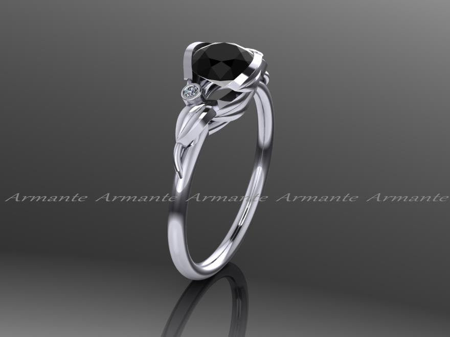 Flower Leaf Engagement Ring, Black And White Diamond Ring