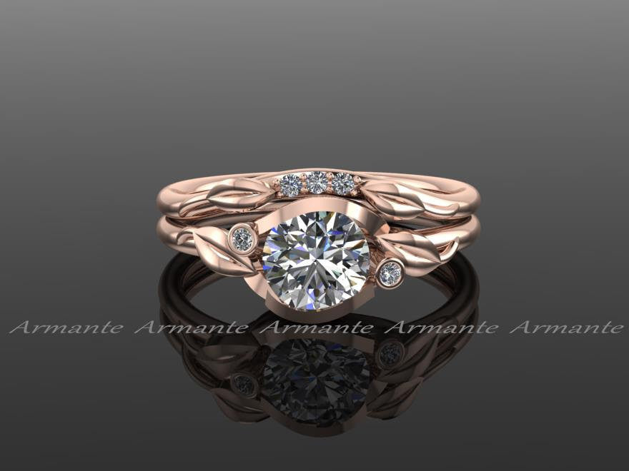 Unique Wedding Ring Set, Flower Leaf Engagement Rings