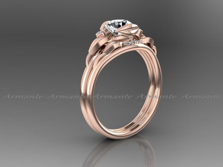 Floral White Sapphire Engagement Ring Set, Rose Gold