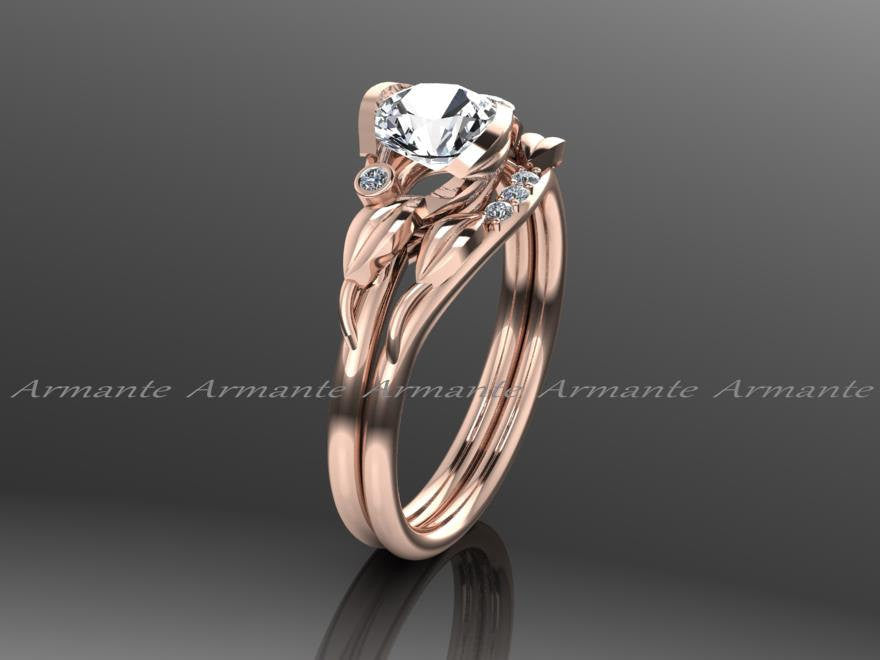 Floral White Sapphire Engagement Ring Set, Rose Gold