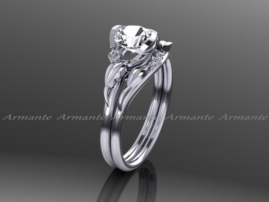 White Sapphire Floral Wedding Ring Set, 14K White Gold