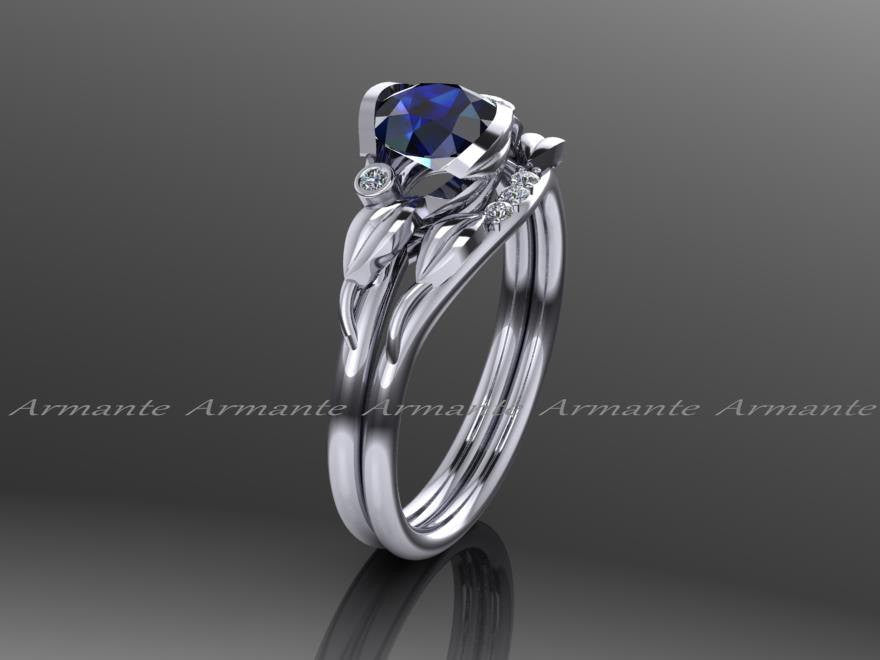 Blue Sapphire Bridal Set, Flower Leaf Diamond Engagement Set