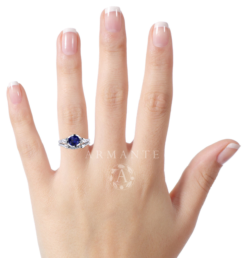 Blue Sapphire Bridal Set, Flower Leaf Diamond Engagement Set