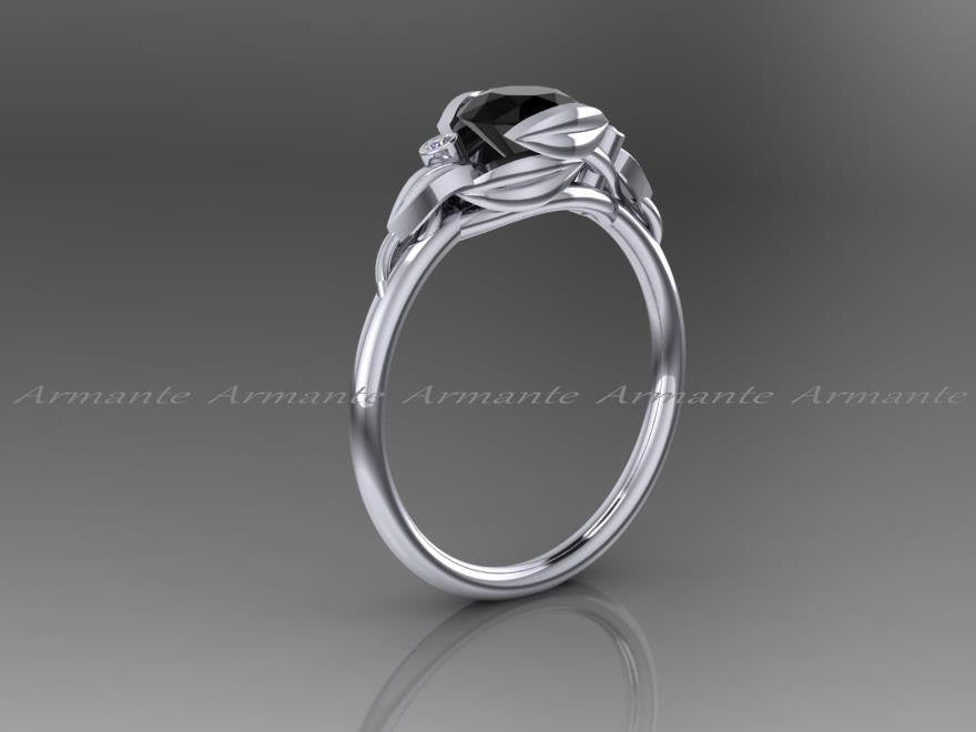 Flower Leaf Engagement Ring, Black And White Diamond Ring