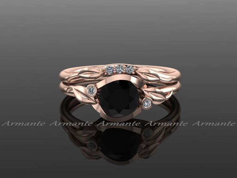 Black And White Diamond Bridal Ring Set, 14K Rose Gold