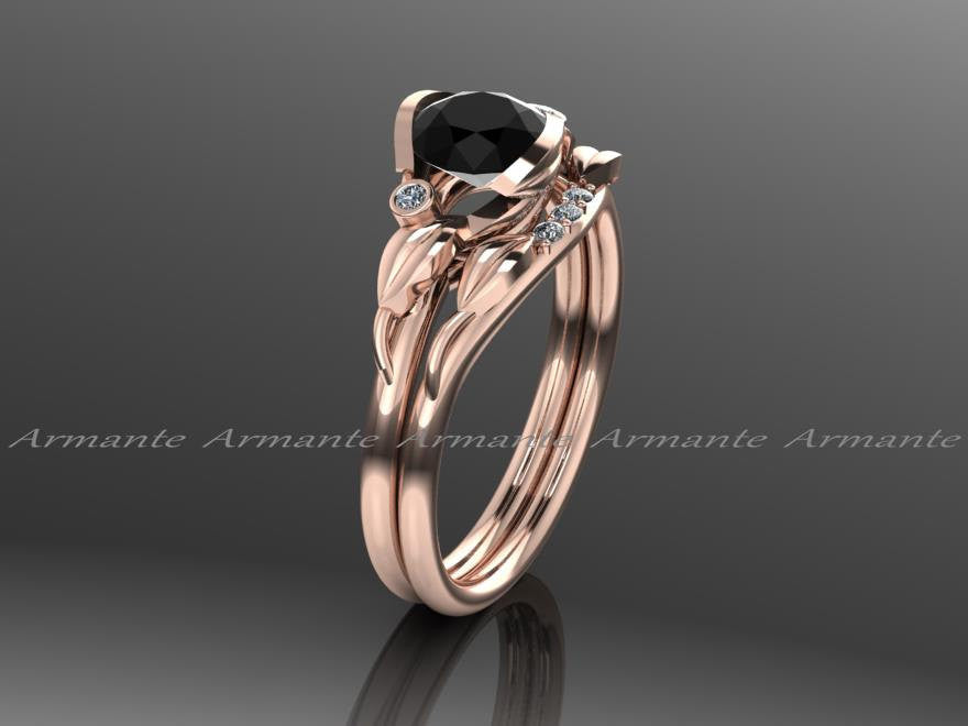 Black And White Diamond Bridal Ring Set, 14K Rose Gold