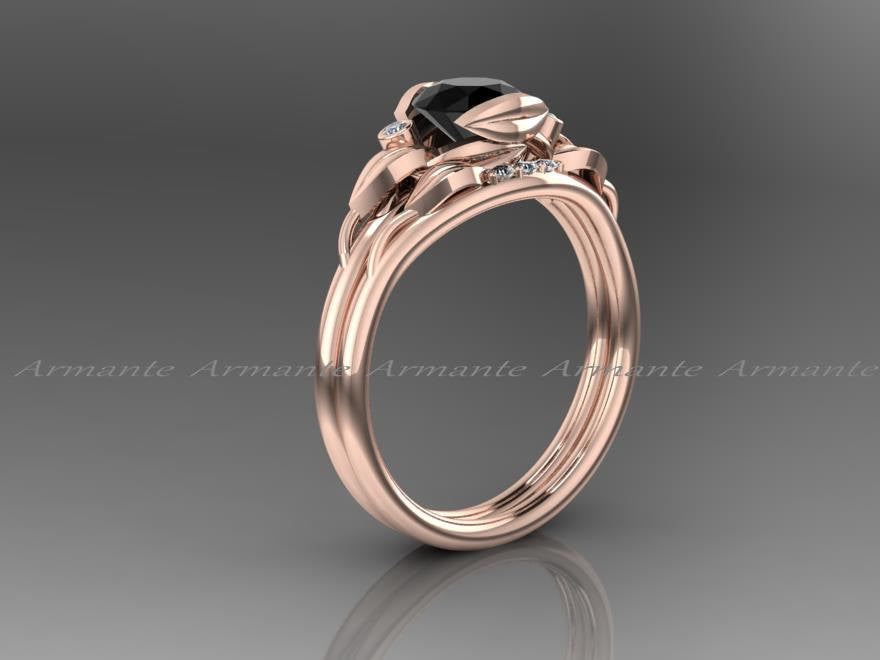 Black And White Diamond Bridal Ring Set, 14K Rose Gold