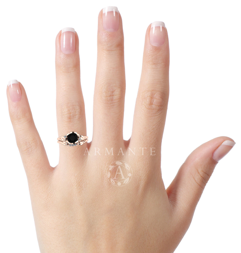Black And White Diamond Bridal Ring Set, 14K Rose Gold